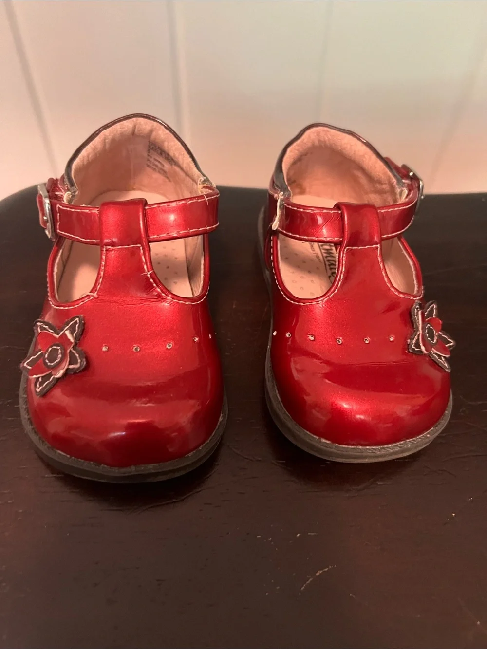 FootMates Shiny Red T-Strap Flower Mary Janes